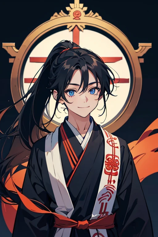 sight, Very long hair, Anatomically correct, ponytail, anime, 8-year-old, boy, High resolution, fall,  Black Hair, Simple Background, smile, blue eyes, Shrine maiden, 