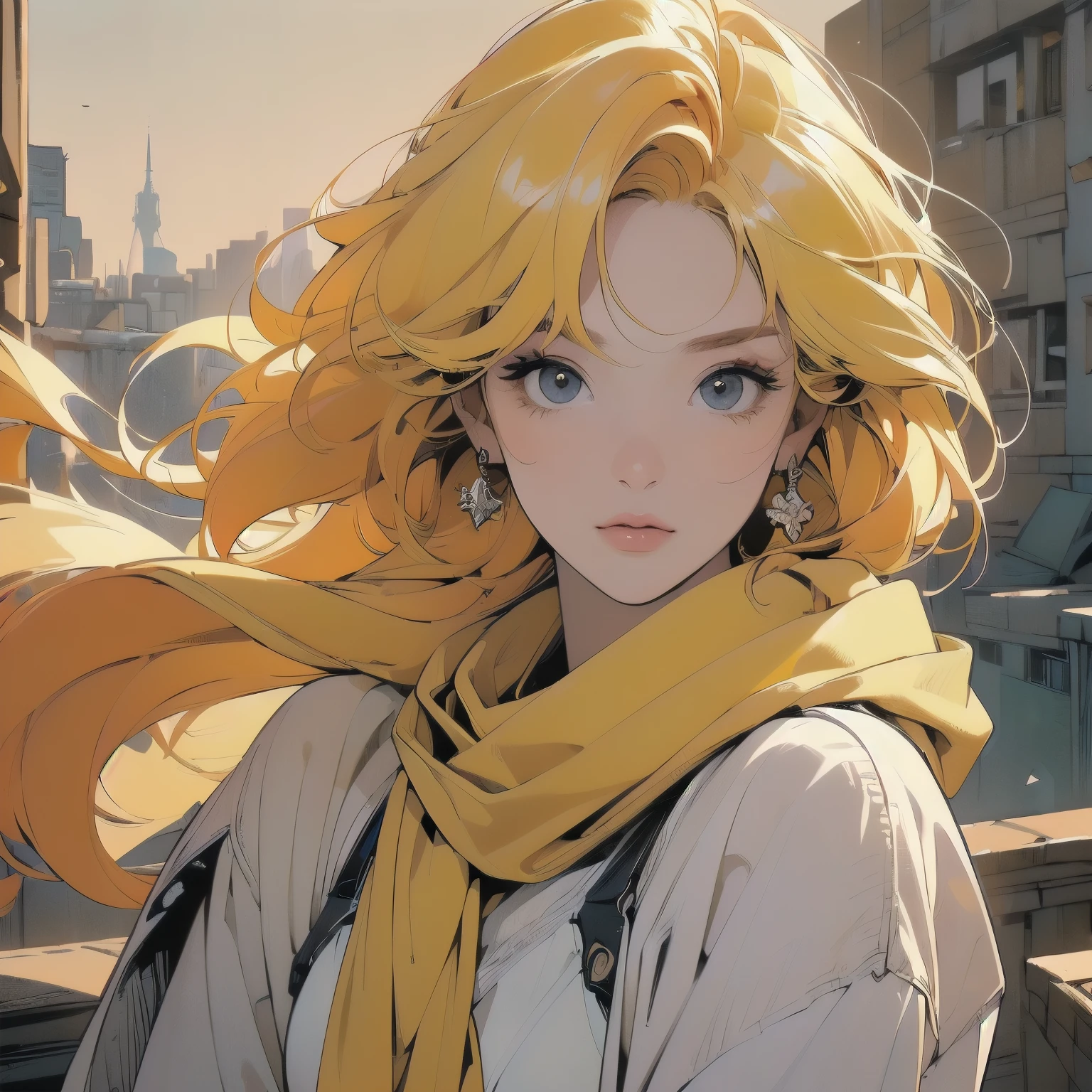 (((Fisheye Lens))), Superior quality, masterpiece, 32K, Depth of written boundary, Complex background、(((Strong light))), Panorama, Long Shot, Backlight, (((Very dull color))),(((One Woman))), (((Extremely detailed backgrounds))), (((head shot))), Ultra detailed hair, (((Faint lighting))),(((A variety of unique hairstyles))), ((((Different angles)))), (((The wind is blowing))),(((Light on the face.))),(((Flat Chest))),Spacesuit,(((mysterious))),Destroyed city,Beautiful face like a goddess、Perfect Face、(((Dilapidated abandoned apartment)))、(((Yellow scarf)))、(((Yellow hair ornament)))、(((Light red hair color)))