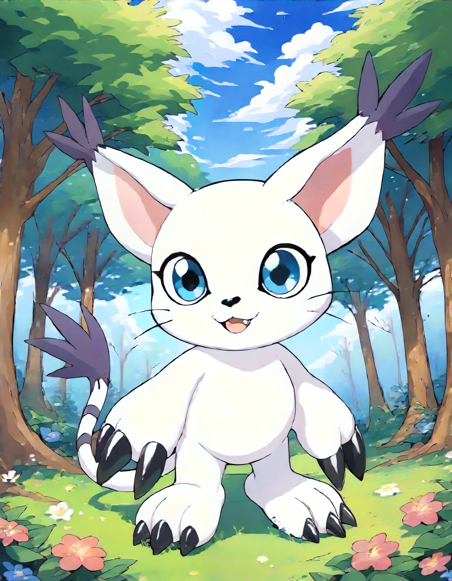  source_furry, absurdres, masterpiece, outstanding,, GATOMON, TAIL RING, RINGLESS, solo, digimon, in a forest, blue eyes, 