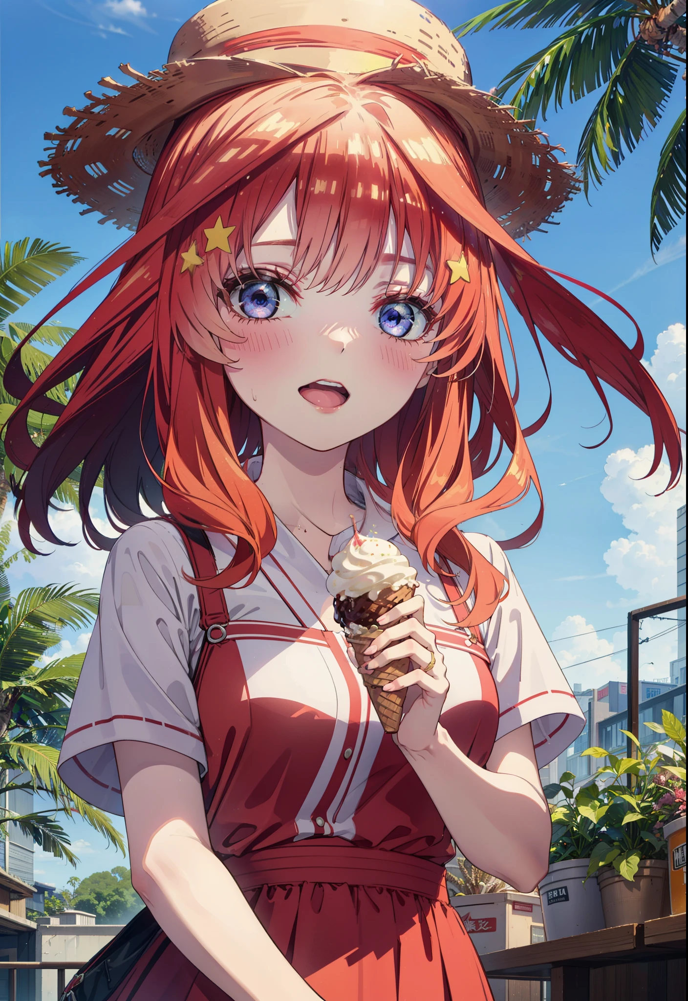 itsukinakano, Itsuki Nakano, bangs, blue eyes, Long Hair,Hair between the eyes, Ahoge, Redhead, star \(symbol\), hair ornaments, star hair ornaments,Straw hat,Red sleeveless dress,mini skirt,Heeled Sandals,Walking,smile,blush,Open your mouth,Eating ice cream,Holding ice cream in one hand,whole bodyがイラストに入るように,Palm tree,True Summer,Clear skies,
break outdoors,Tropical Coastline,
break looking at viewer,whole body ,
break (masterpiece:1.2), Highest quality, High resolution, unity 8k wallpaper, (figure:0.8), (Beautiful attention to detail:1.6), Highly detailed face, Perfect lighting, Highly detailed CG, (Perfect hands, Perfect Anatomy),