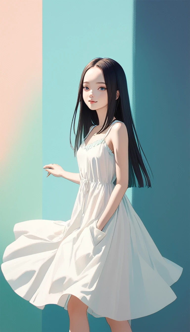 neat and pretty young lady, straight hair, forehead, make-up, smile, loose summer dress, shading, contrast magic, pale colors effects, 2.5D, delicate and dynamic