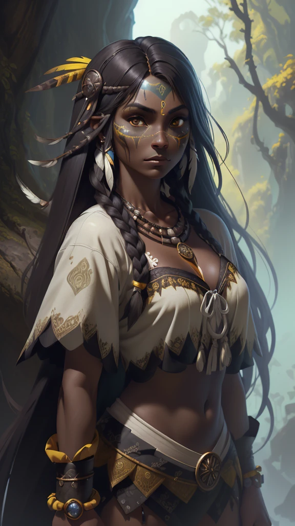 (La mejor calidad,A high resolution,Ultra - detallado,actual),Ariana Grande es una American native Indian, plumas en la cabeza ,(Native American:1.4), (dark ebony skin:1.4) ,(vestimenta yellow+white native American :1.4), feather,hair ornaments,jewelry,necklace,Tribal,Head ornament,Bracelet,Face Paint,Braiding,bracelet, Wow_fast_no_Freezing_style, One girl in full growth,(Fondo Los pastizales y matorrales :1.4), (Fondo de ruinas de mazmorra en ruinas selva pradera :1.4 ), Epic Fantasy Art Style HD, 4K fantasy art, epic fantasy digital art style, epic fantasy art style, Fantasy Woman, epic fantasy art portrait, Epic fantasy style, hyperrealistic fantasy art, hd fantasy art, Epic fantasy character art, epic fantasy art, in style of dark fantasy art, epic fantasy digital art, (pose vaquero), (anatomía perfecta :1.4),( fondo bosque árboles grandes pradera :1.4),( estilo encaje lingerie white :1.4), (face detailed America native :1.4), (native American :V2.1),( pose vaquero), (fondo árboles grandes atoño :1.4), (dark ebony skin:1.4), (ojos hermosos detailed :1.4)
