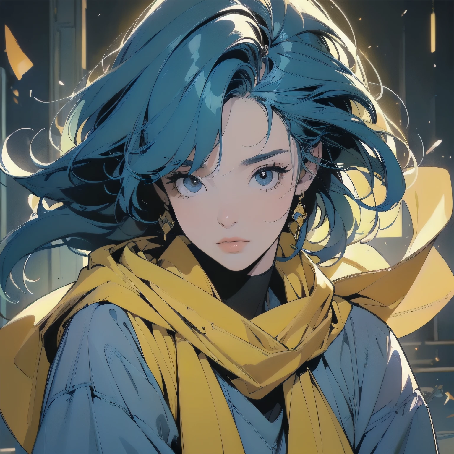 (((Fisheye Lens))), Superior quality, masterpiece, 32K, Depth of written boundary, Complex background、(((Strong light))), Panorama, Long Shot, Backlight, (((Very dull color))),(((One Woman))),  (((Extremely detailed backgrounds))), (((head shot))), Ultra detailed hair, (((Faint lighting))),(((A variety of unique hairstyles))), ((((Different angles)))), (((The wind is blowing))),(((Light on the face.))),(((Flat Chest))),Spacesuit,(((mysterious))),Destroyed city,Beautiful face like a goddess、Perfect Face、(((Dilapidated abandoned apartment)))、(((Yellow scarf)))、(((Wear a yellow hood)))、(((Blue Hair)))