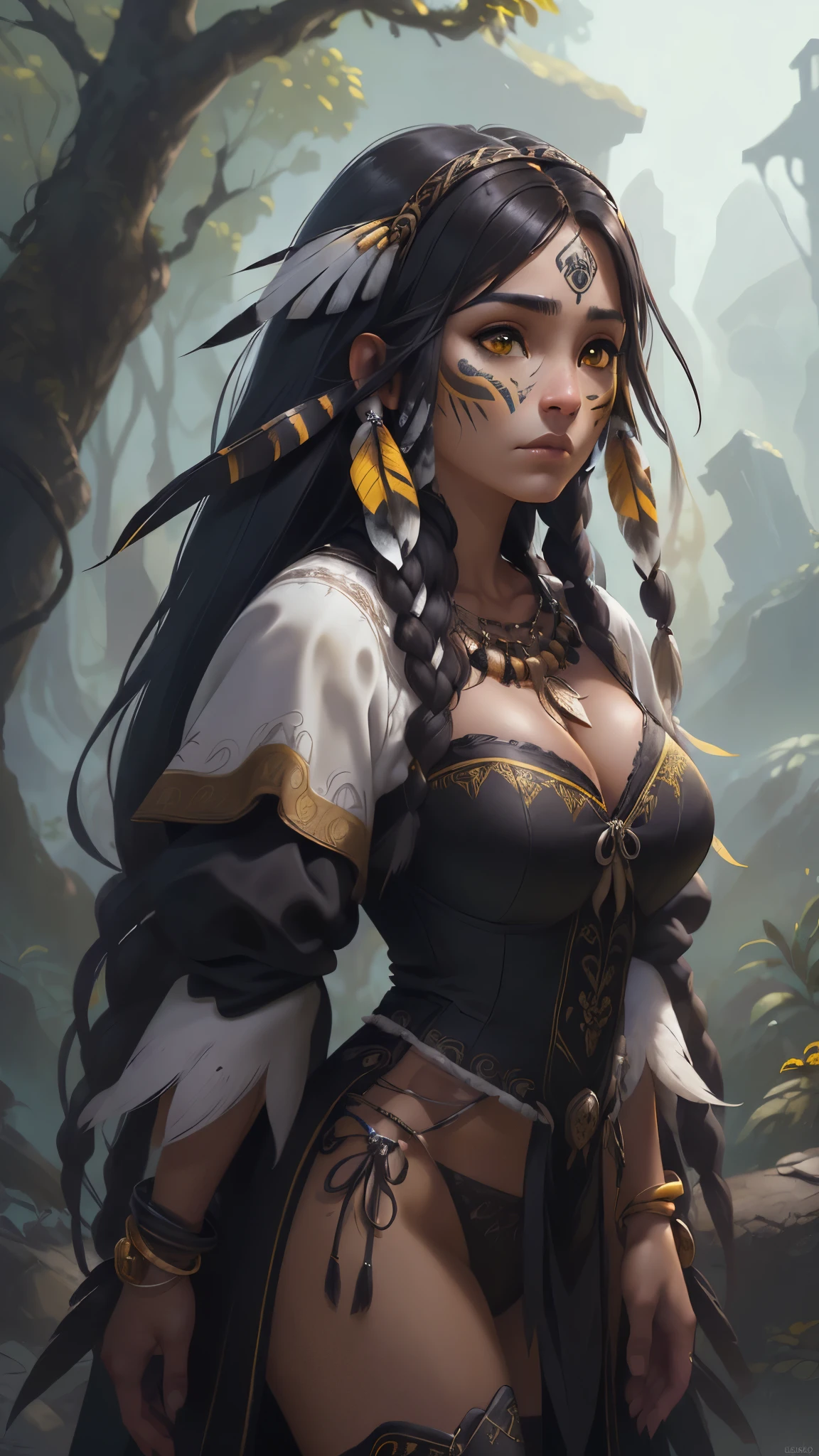 (La mejor calidad,A high resolution,Ultra - detallado,actual),Ariana Grande es una American native Indian, plumas en la cabeza ,(Native American:1.4), (dark ebony skin:1.4) ,(vestimenta yellow+white native American :1.4), feather,hair ornaments,jewelry,necklace,Tribal,Head ornament,Bracelet,Face Paint,Braiding,bracelet, Wow_fast_no_Freezing_style, One girl in full growth,(Fondo Los pastizales y matorrales :1.4), (Fondo de ruinas de mazmorra en ruinas selva pradera :1.4 ), Epic Fantasy Art Style HD, 4K fantasy art, epic fantasy digital art style, epic fantasy art style, Fantasy Woman, epic fantasy art portrait, Epic fantasy style, hyperrealistic fantasy art, hd fantasy art, Epic fantasy character art, epic fantasy art, in style of dark fantasy art, epic fantasy digital art, (pose vaquero), (anatomía perfecta :1.4),( fondo bosque árboles grandes pradera :1.4),( estilo encaje lingerie white :1.4), (face detailed America native :1.4), (native American :V2.1),( pose vaquero), (fondo árboles grandes atoño :1.4), (dark ebony skin:1.4), (ojos hermosos detailed :1.4), (tiene plumas white grandes de águila vestuario :1.4), (águila plumas realistic :1.4)