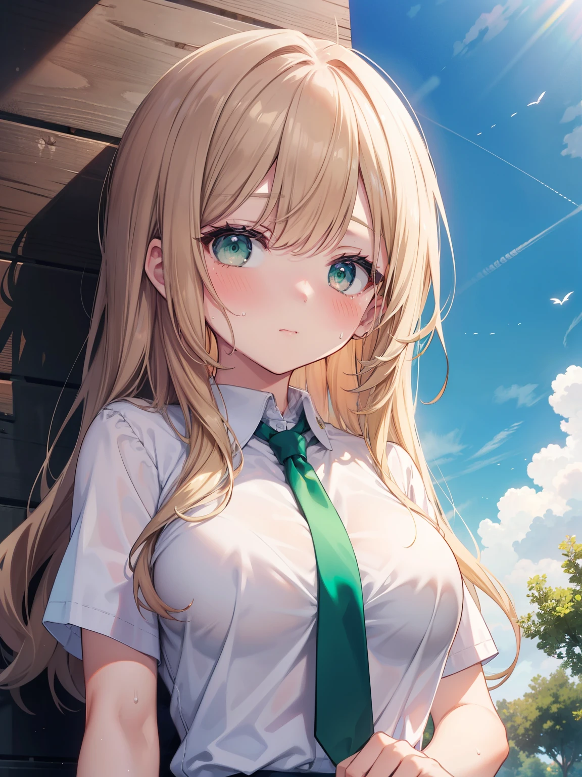 ((Highest quality, High resolution, Perfect Pixel, 4K)), (Beautiful Anime Girls), Depth of written boundary、
Watching the audience,
Perfect body,
(Big Breasts:1.1)、Brown Hair、Loose and fluffy waves、Green Eyeedium-long hair、
White shirt、Green tie、
(blush、Embarrassing:1.3)、
Cover your chest with your hands、Sweat、
Outdoor、null、cloud、
(From below、Focus on the chest)、Upper Body、