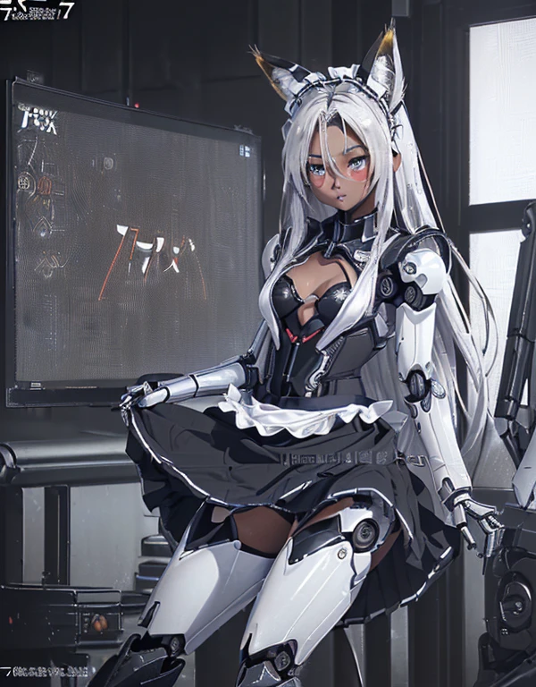 (8k, Realistic, RAW Photos, Highest quality: 1.3), (Fox Girl, Fox Ears, Fox Makeup, One Girl, Long Hair, Alone on the screen, dark skin, High definition, high resolution:1.6), とてもbeautiful, (Realistic Face), (boyish, Silver color very long hair), (maid apron, Black and white clothes, skirt, mecha musume, Machinery Parts,Robot Joints, Legs-only mechanical suit:1.6), (Body measurements are 75-60-75!, Young girl body, Small breasts, skirt hold, slender, muscle:1.9), A brilliance that captivates the viewer, beautiful expression, beautiful breasts, (Realistic Skin), beautiful..., bent over