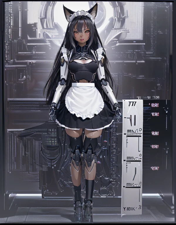 (8k, Realistic, RAW Photos, Highest quality: 1.3), (Fox Girl, Fox Ears, Fox Makeup, One Girl, Long Hair, Alone on the screen, dark skin, High definition, high resolution:1.6), とてもbeautiful, (Realistic Face), (boyish, Silver color very long hair), (maid apron, Black and white clothes, skirt, mecha musume, Machinery Parts,Robot Joints, Legs-only mechanical suit:1.6), (Body measurements are 75-60-75!, Young girl body, Small , skirt hold, slender, muscle:1.9), A brilliance that captivates the viewer, beautiful expression, beautiful breastsistic Skin), beautiful..., bent over