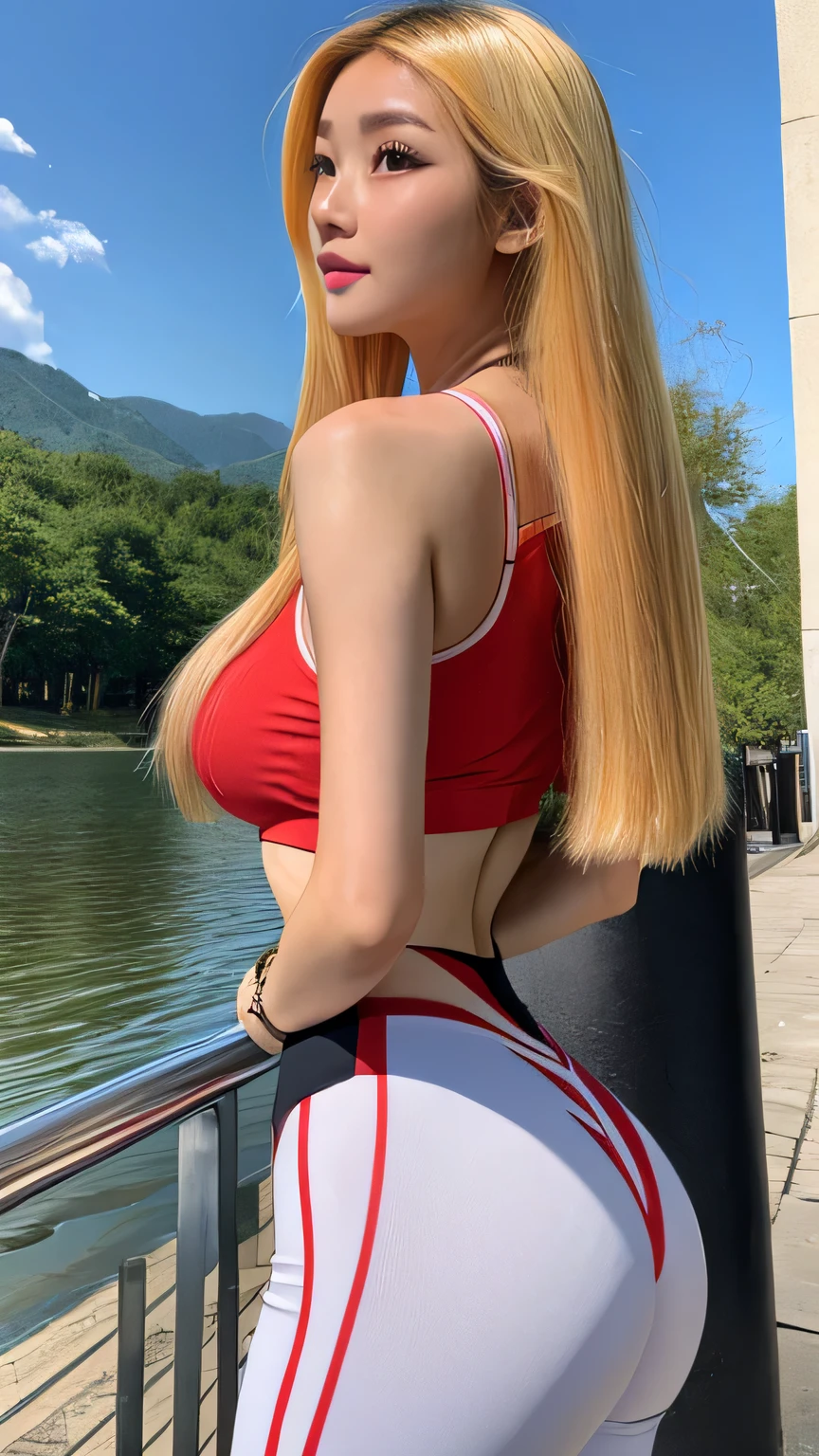 Best quality, high detailed, 8K quality, 4k resolution, Full body 20 years old chinese girl named anastasyakh, blonde hair, gorgeous face, massive breast, slim waist, wearing tight gym outfit , massive breast and huge butt exposed between outfit