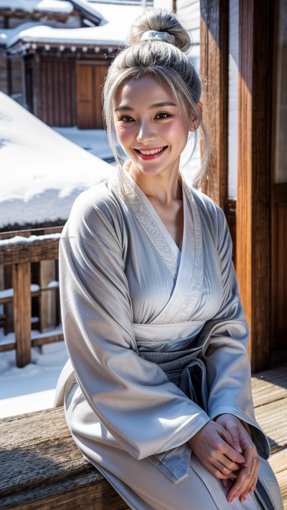 Snow Woman、Gray Hair、White kimono、Ponytail Hair、Smile、Pale skin、village、noon