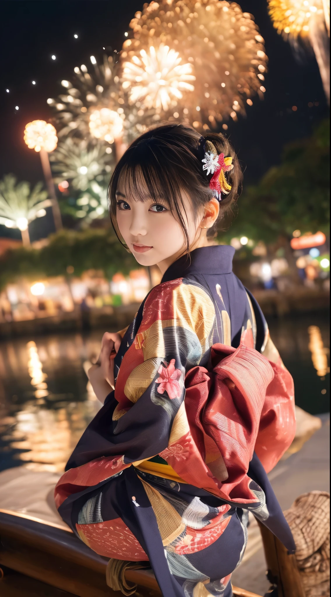 (((Masterpiece，Highest quality，Highest quality，8k，16K))，((Ultra-high resolution，Super detailed)))，Japanese，beautiful girl，glamorous，Golden Ratio Style，Yukata，Hair tying，hairpin，Drawstring bag，geta，night，Outdoor，Riverbank，Summer festival，Fireworks display(Fireworks)、Fireworksの華やかな淡い光，(Fireworks displayのFireworksを背景した様子)