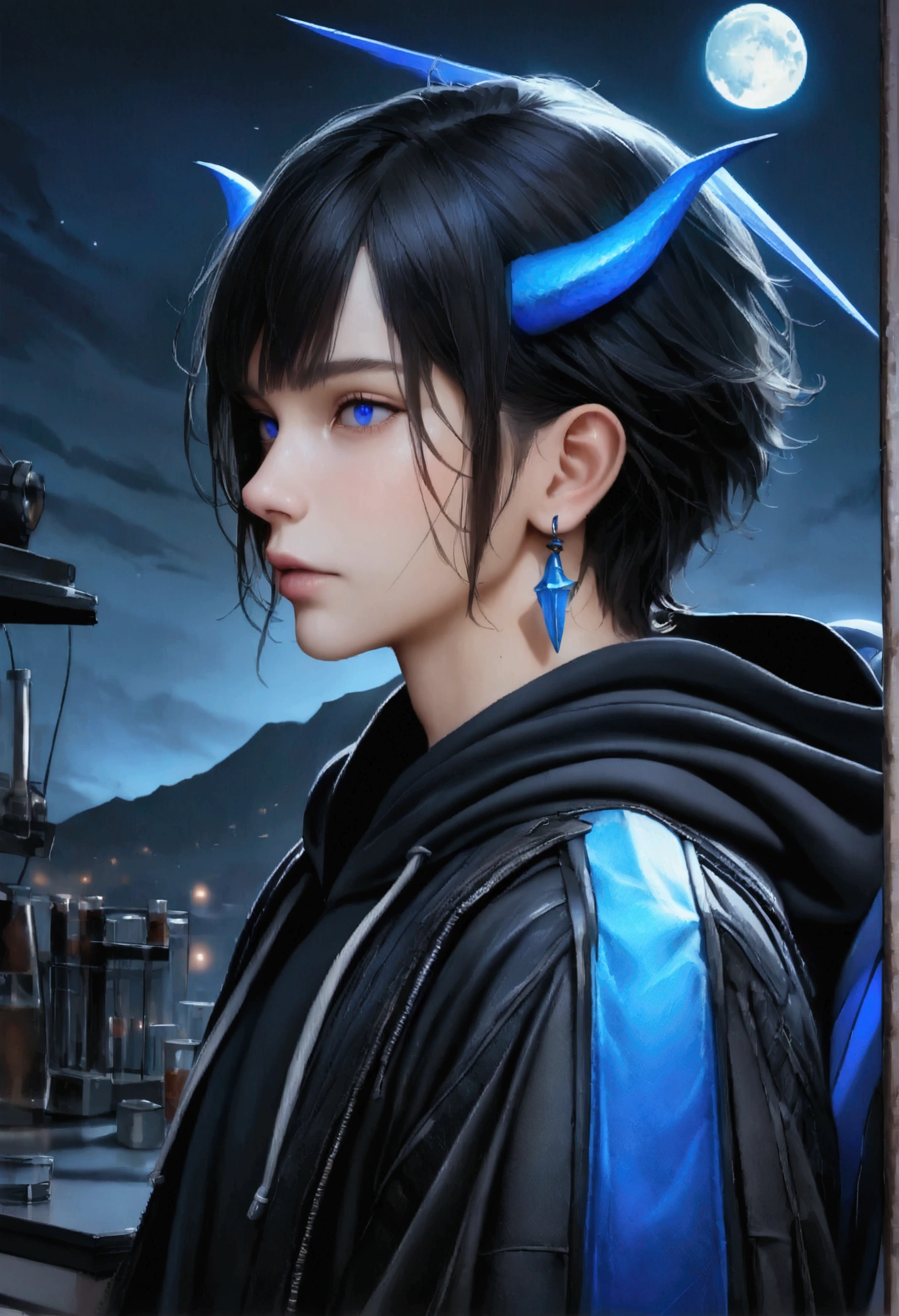 masterpiece, highest quality, highest resolution, clear_image, photo realistic, detailed details, (1 teen boy, scruffy black hair, bangs, Blue eyes, moon, dark night, long earrings, black hoodie, blue demon horns, blue great sword at the back, sky blue scarf , sky blue futuristic halo, futuristic dragon wings) beautiful, upper body, no water marks, laboratory, no extra limps, no extra body