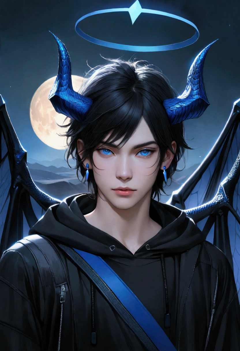 masterpiece, highest quality, highest resolution, clear_image, photo realistic, detailed details, (1 teen boy, scruffy black hair, bangs, Blue eyes, moon, dark night, long earrings, black hoodie, blue demon horns, blue great sword at the back, sky blue scarf , sky blue futuristic halo, futuristic dragon wings) beautiful, upper body, no water marks, laboratory, no extra limps, no extra body