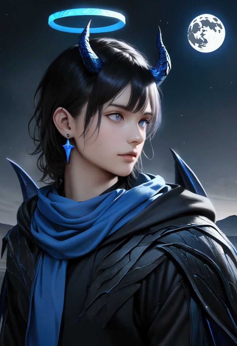masterpiece, highest quality, highest resolution, clear_image, photo realistic, detailed details, (1 teen boy, scruffy black hair, bangs, Blue eyes, moon, dark night, long earrings, black hoodie, blue demon horns, blue great sword at the back, sky blue scarf , sky blue futuristic halo, futuristic dragon wings) beautiful, upper body, no water marks, laboratory, no extra limps, no extra body