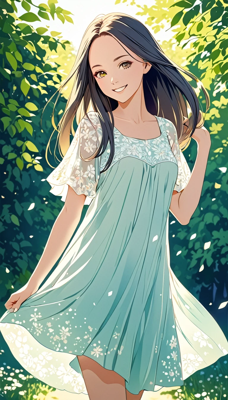 neat and pretty young lady, straight hair, forehead, make-up, smile, loose summer dress, shading, contrast magic, pale colors effects, 2.5D, delicate and dynamic