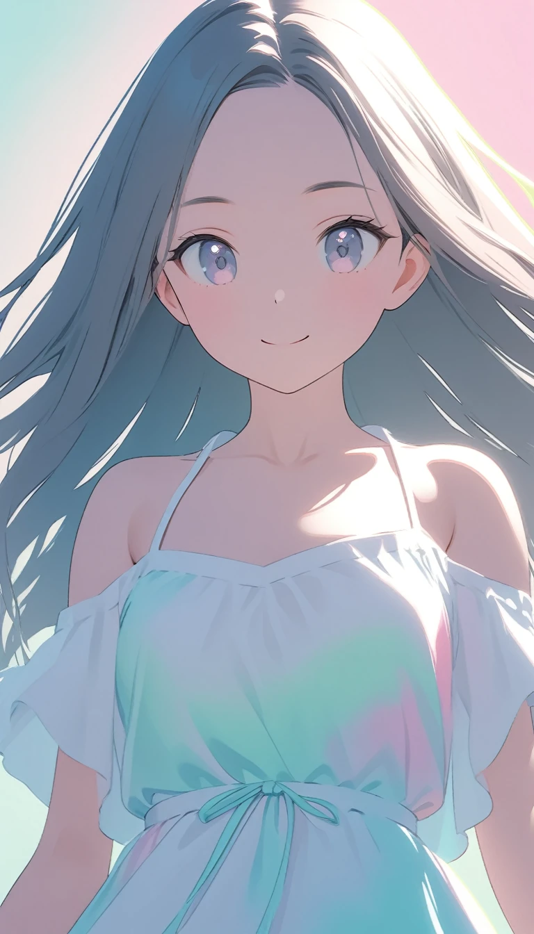 neat and pretty young lady, straight hair, forehead, make-up, smile, loose summer dress, shading, contrast magic, pale colors effects, 2.5D, delicate and dynamic