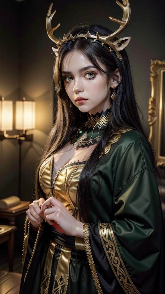 White girl with green eyes and black hair with dark viking makeup wearing a golden deer antlers crown and a black and gold viking dress
