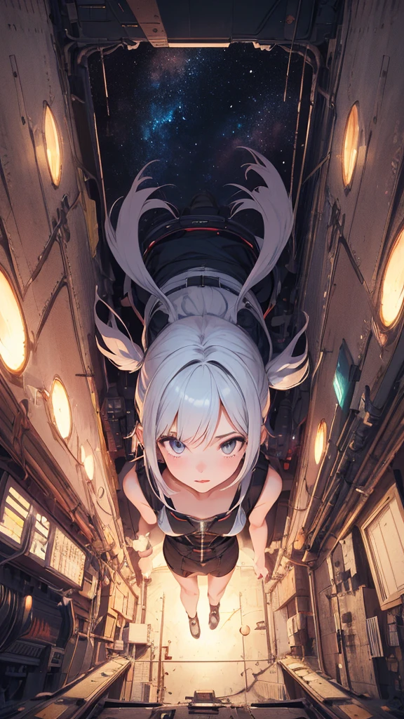 absurd res, high res, (masterpiece:1.4), ultra-detailed, 1girl, from above, space, floating, cinematic lighting, best quality.