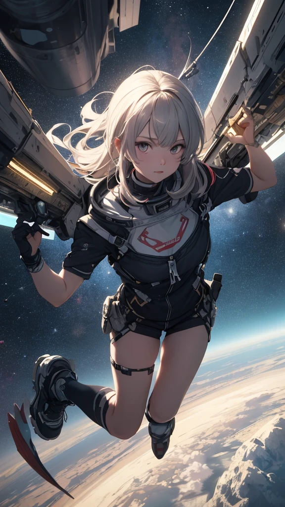 absurd res, high res, (masterpiece:1.4), ultra-detailed, 1girl, from above, space, floating, cinematic lighting, best quality.