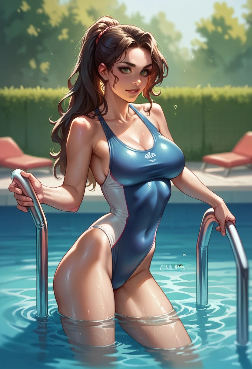 , in a swimsuit, in a pool, calidas HD, detailed.