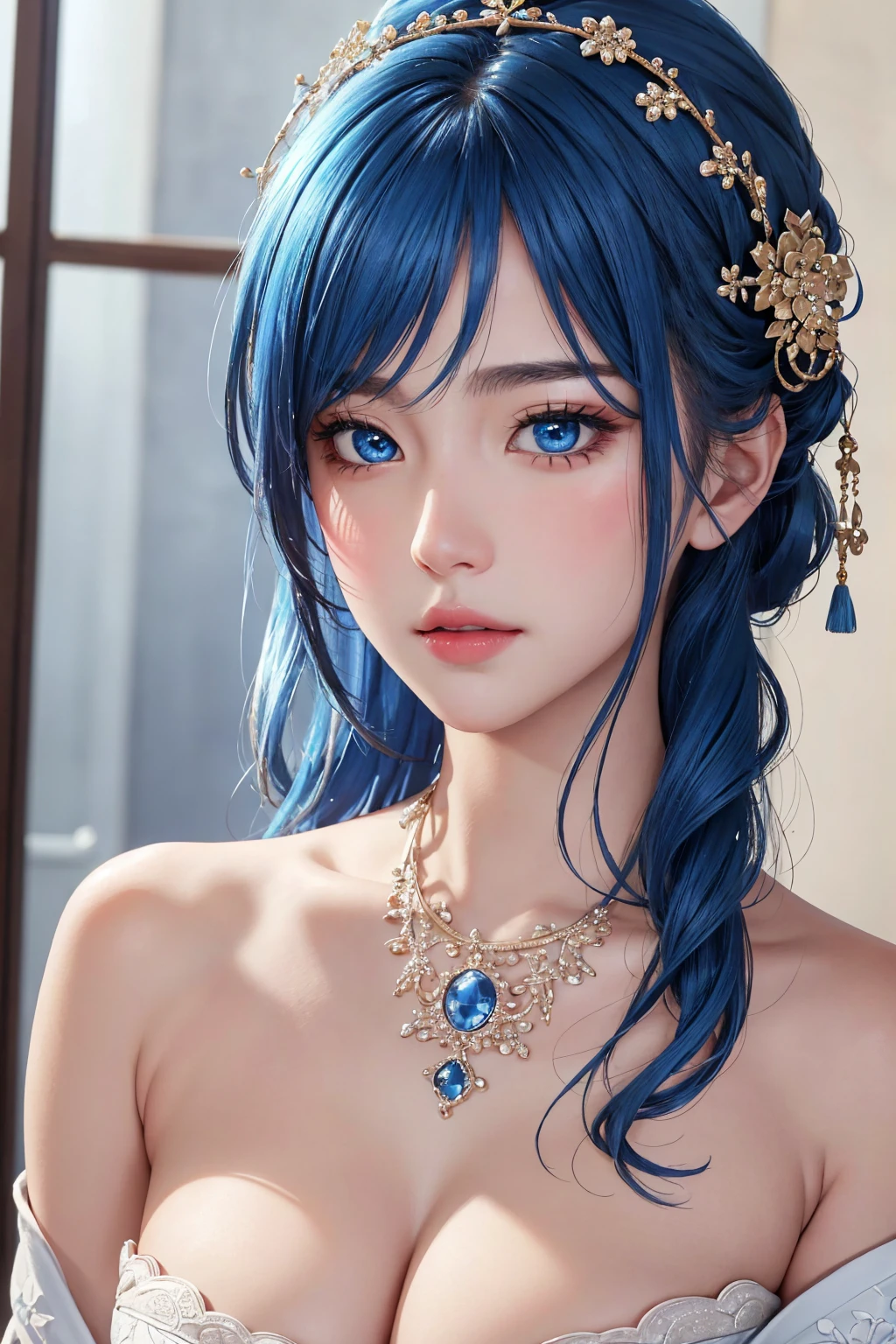 (masterpiece:1.2, Highest quality), (Realistic, photoRealistic:1.4), Ultimate beauty、mature, (Intricate details), unity 8k wallpaper, Super detailed, beautifully、aesthetic, Perfect lighting, (One girl), (Blue Hair, blue eye, Medium chest),, Dynamic pose, Dynamic Angle, lipstick, slim, slim body, Medium chest, , Detailed Background, Realistic, alone, Face in perfect detail, detailed eye, Very detailed, blush, hair ornaments, rolling_eye, squint,Japanese beautiful girl、