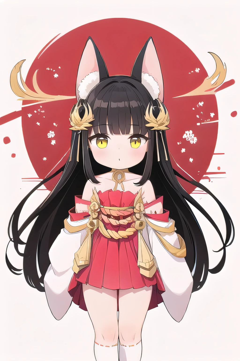 (masterpiece, Highest quality), One girl,   Nagato, Yellow Eyes, Black Hair, Very long hair, Blunt bangs, Side Lock, hair ornaments, Fox Ears, choker, kimono, Long sleeve, Wide sleeves, Removable sleeves, Exposing shoulders, In the same way, In the same way short skirt, In the same way skirt, Red pleated skirt, White knee-high socks, Red footwear