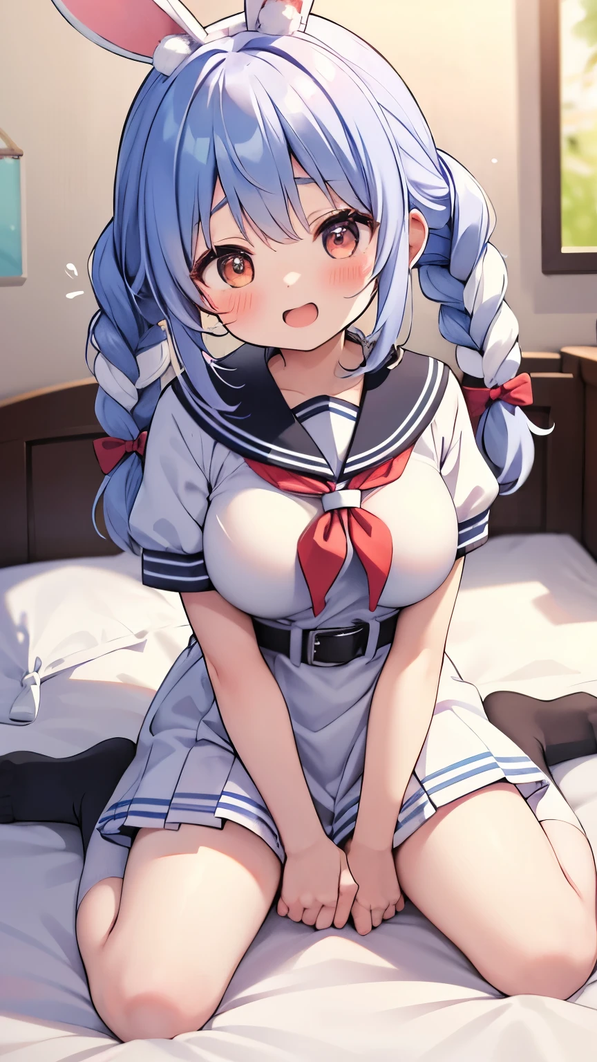 ,アニメ,vivid colors,spoken heart, white knee socks,open mouth,steam,looking down,smile,Fluffy sleeves,( huge breast:1.2)、Fisting her soft breasts、looking down,Used Pekora,folded bunny ear,twin blue braid,waist bow,carrot ornament,white sailor costume,sailor miniskirt,White Belt,brown cute eyes,kawaii,,, pussy juice, red cheek, Sitting on the floor,orgasm,action lines, bed room,Groin groin,Short sleeve、(toddler:1)