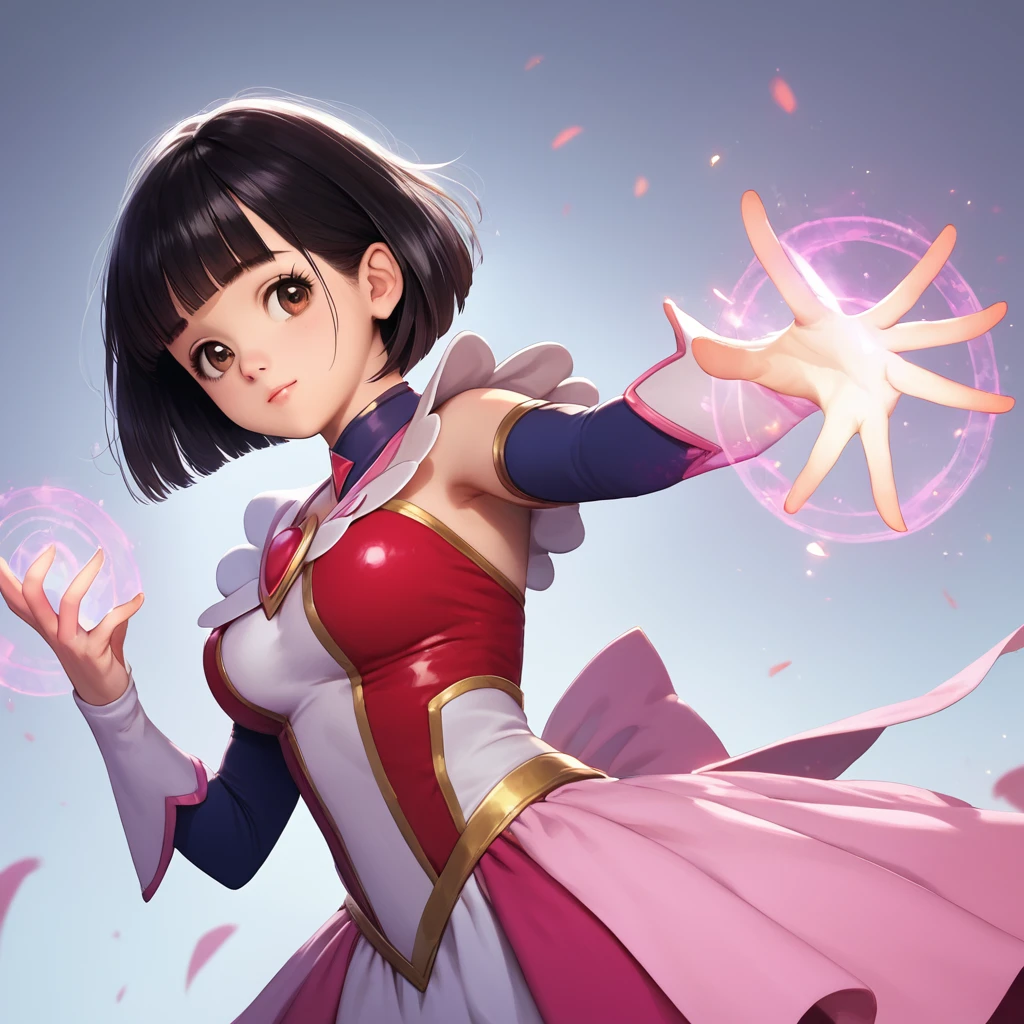 score_9,score_8_up,score_7_up,masterpiece,best quality, source anime, realistic, super detailed, extreme detailed, rating_safe,
1girl, Magical Girl, magic spell pose, Blizzard Magic, cowboy shot,
BREAK girl, 22yo, short hair, bob cut, (blunt bangs), black hair, (tareme, detailed cute brown eyes), curled eyelashes, (large breasts:0.9),
shiny hair, beautiful detailed eyes, beautiful face,
Magical Girl costume, magical effect, simple background