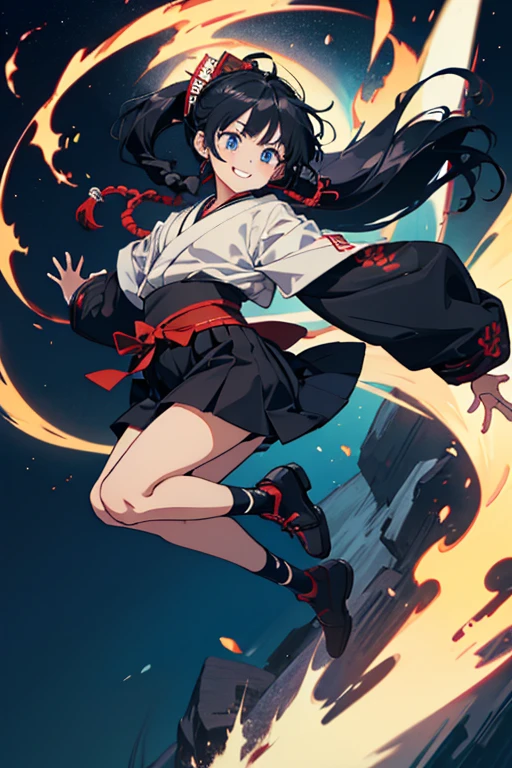 sight, Very long hair, Anatomically correct, ponytail, anime, 8-year-old, boy, High resolution, fall, jumping,  Black Hair, Simple Background, smile, blue eyes, Shrine maiden, 