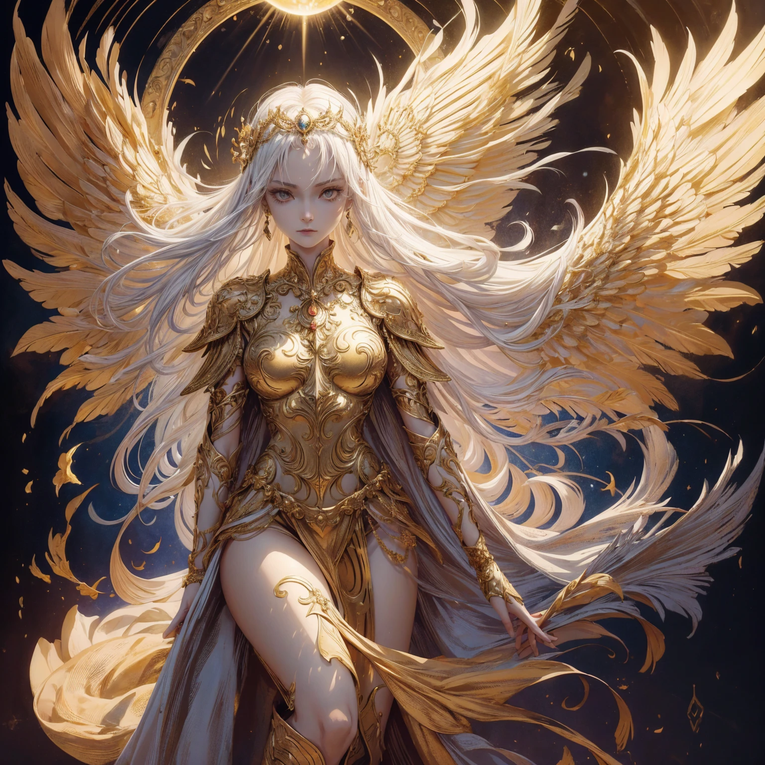 Art of Woman Wearing Sun Crown, Wearing a gorgeous golden breastplate that exposes a small amount of skin above the chest, Wearing a gorgeous golden dress, A pair of giant angel wings taller than the body spread out behind the woman., ancient goddess art, Sacredness. Very detailed, Mysterious inspiration, Inspiration from the Sun God, Religious inspiration, A divine background, Cold and snobbish face, Dangerous expressions, White hair, Floating in mid-air, Posture, One of the hands holds a brilliant sphere as bright as the sun., Full body portrait, Gothic art style, Weird art style, Occult art