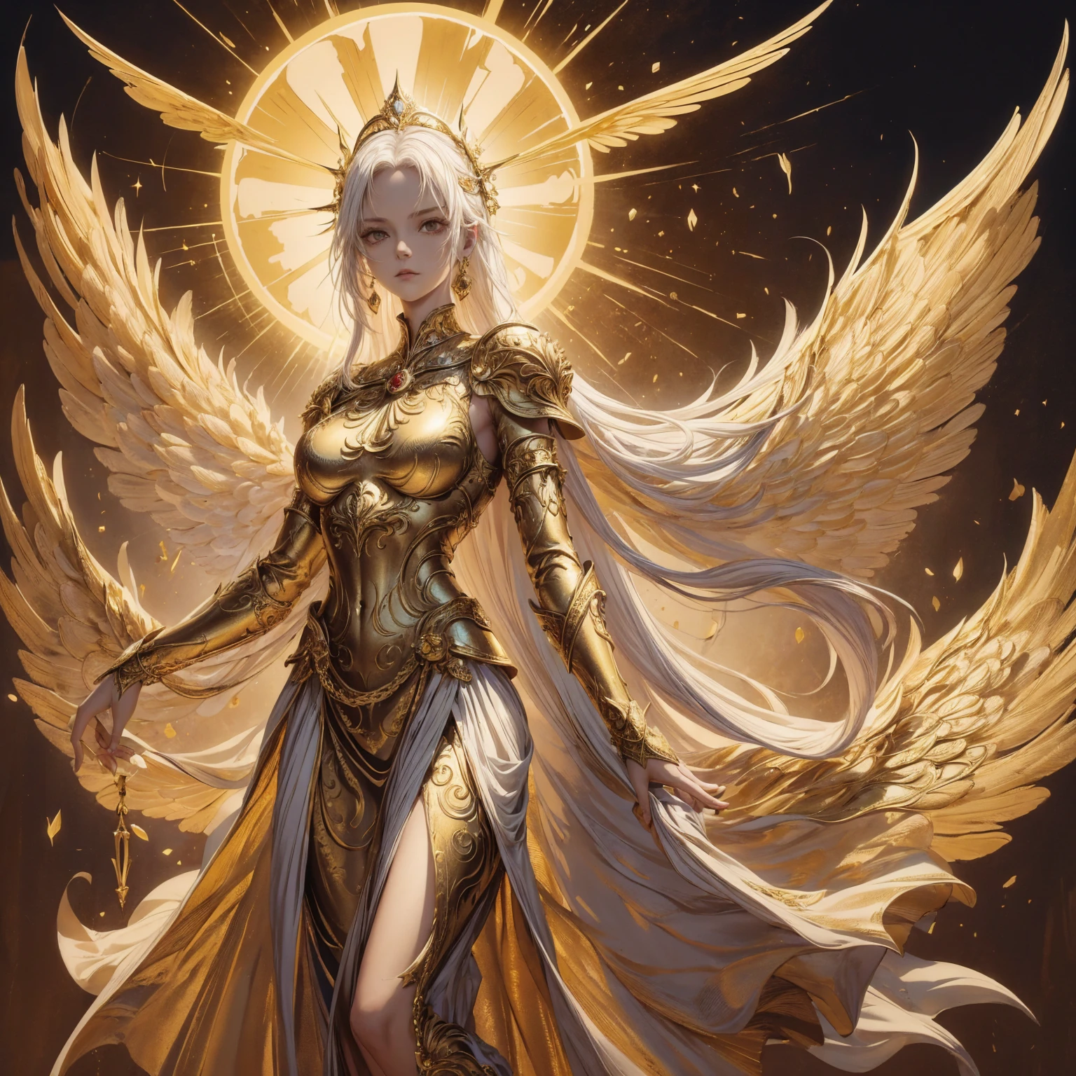 Art of Woman Wearing Sun Crown, Wearing a gorgeous golden breastplate that exposes a small amount of skin above the chest, Wearing a gorgeous golden dress, A pair of giant angel wings taller than the body spread out behind the woman., ancient goddess art, Sacredness. Very detailed, Mysterious inspiration, Inspiration from the Sun God, Religious inspiration, A divine background, Cold and snobbish face, Dangerous expressions, White hair, Floating in mid-air, Posture, One of the hands holds a brilliant sphere as bright as the sun., Full body portrait, Gothic art style, Weird art style, Occult art