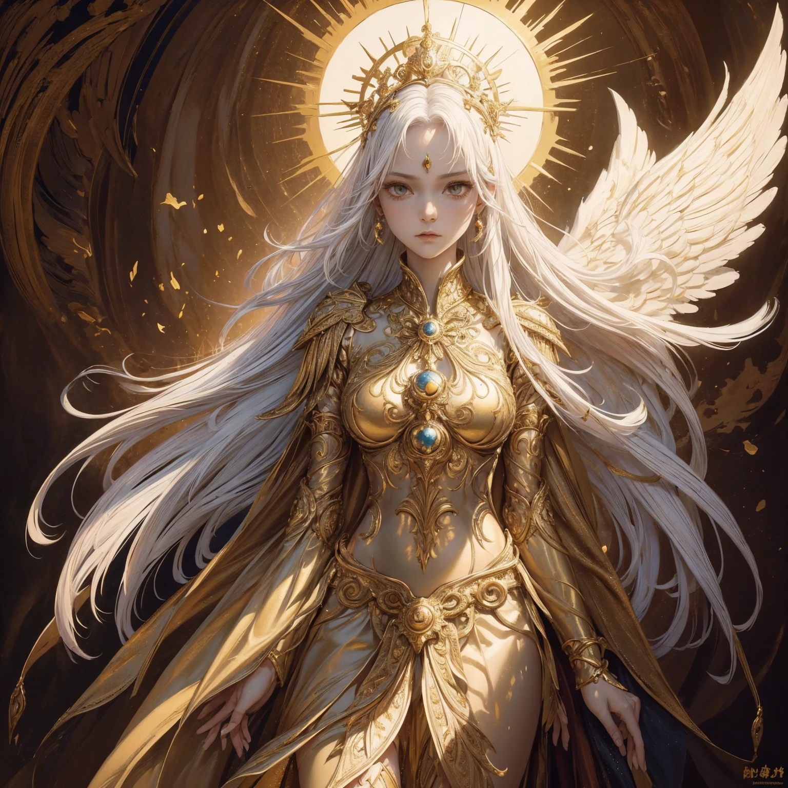 Art of Woman Wearing Sun Crown, Wearing a gorgeous golden breastplate that exposes a small amount of skin above the chest, Wearing a gorgeous golden dress, A pair of giant angel wings taller than the body spread out behind the woman., ancient goddess art, Sacredness. Very detailed, Mysterious inspiration, Inspiration from the Sun God, Religious inspiration, A divine background, Cold and snobbish face, Dangerous expressions, White hair, Floating in mid-air, Posture, One of the hands holds a brilliant sphere as bright as the sun., Full body portrait, Gothic art style, Weird art style, Occult art