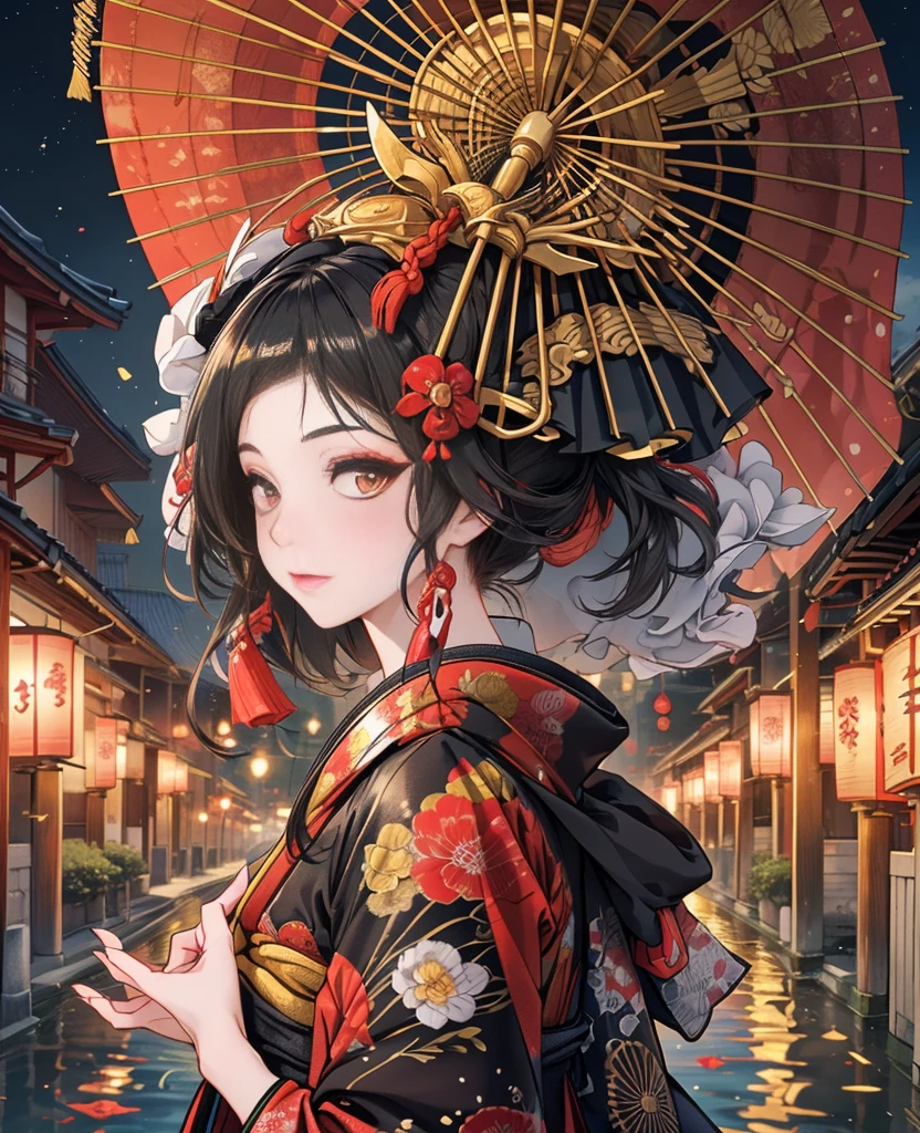 Ink painting,Black and white painting,splash,whole body,luxurious makeup,Gorgeous kimono,Oiran hair ornament,(Hairstyle: Date Hyogomage),Large umbrella,Courtesan Procession,Night scenery with lanterns lined up,