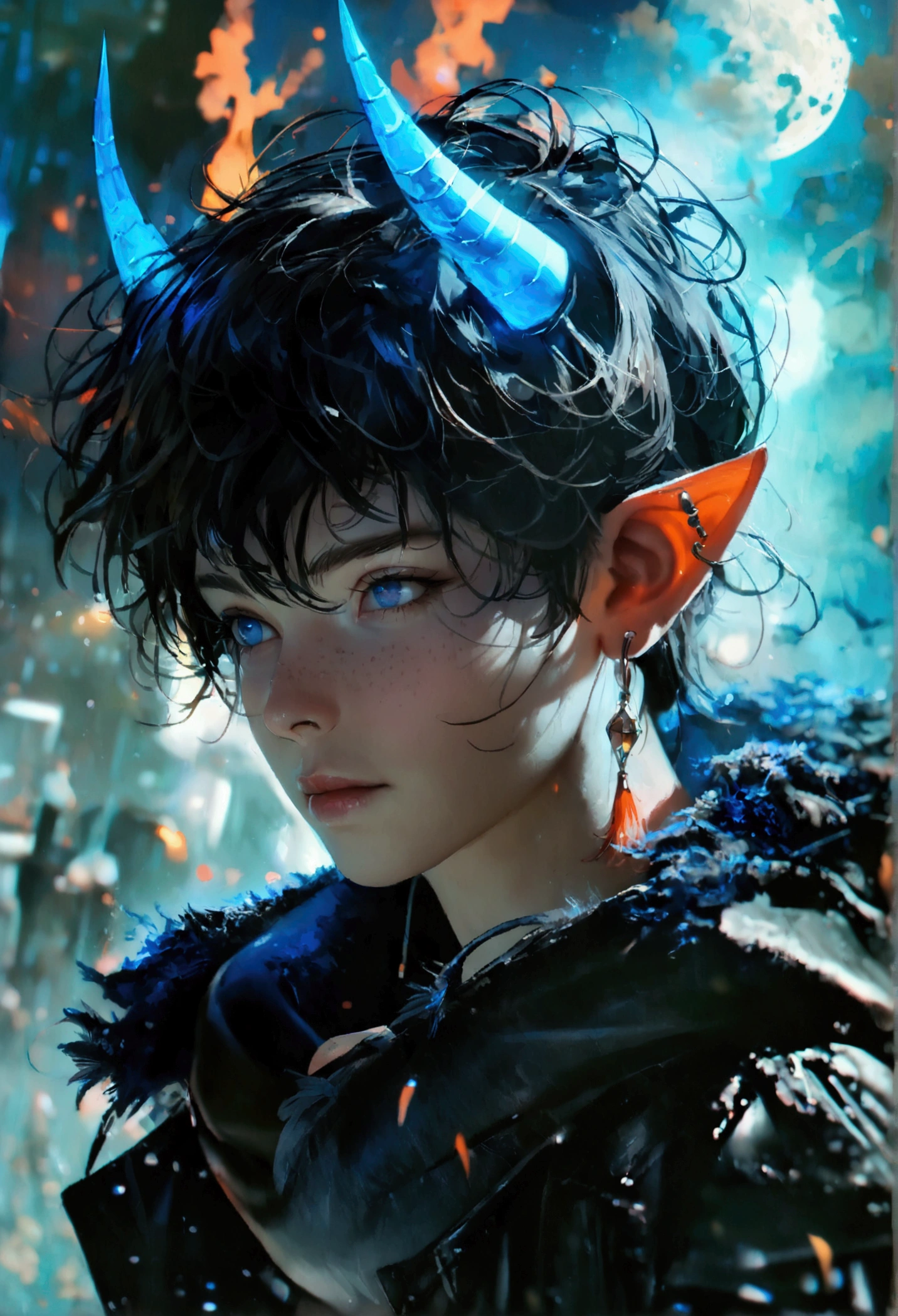 masterpiece, highest quality, highest resolution, clear_image, photo realistic, detailed details, (1 boy, scruffy black hair, bangs, Blue eyes, moon, dark night, long earrings, black hoodie, blue demon horns, blue great sword at the back, sky blue scarf , sky blue futuristic halo, futuristic dragon wings) beautiful, upper body, no water marks, laboratory, no extra limps, no extra body