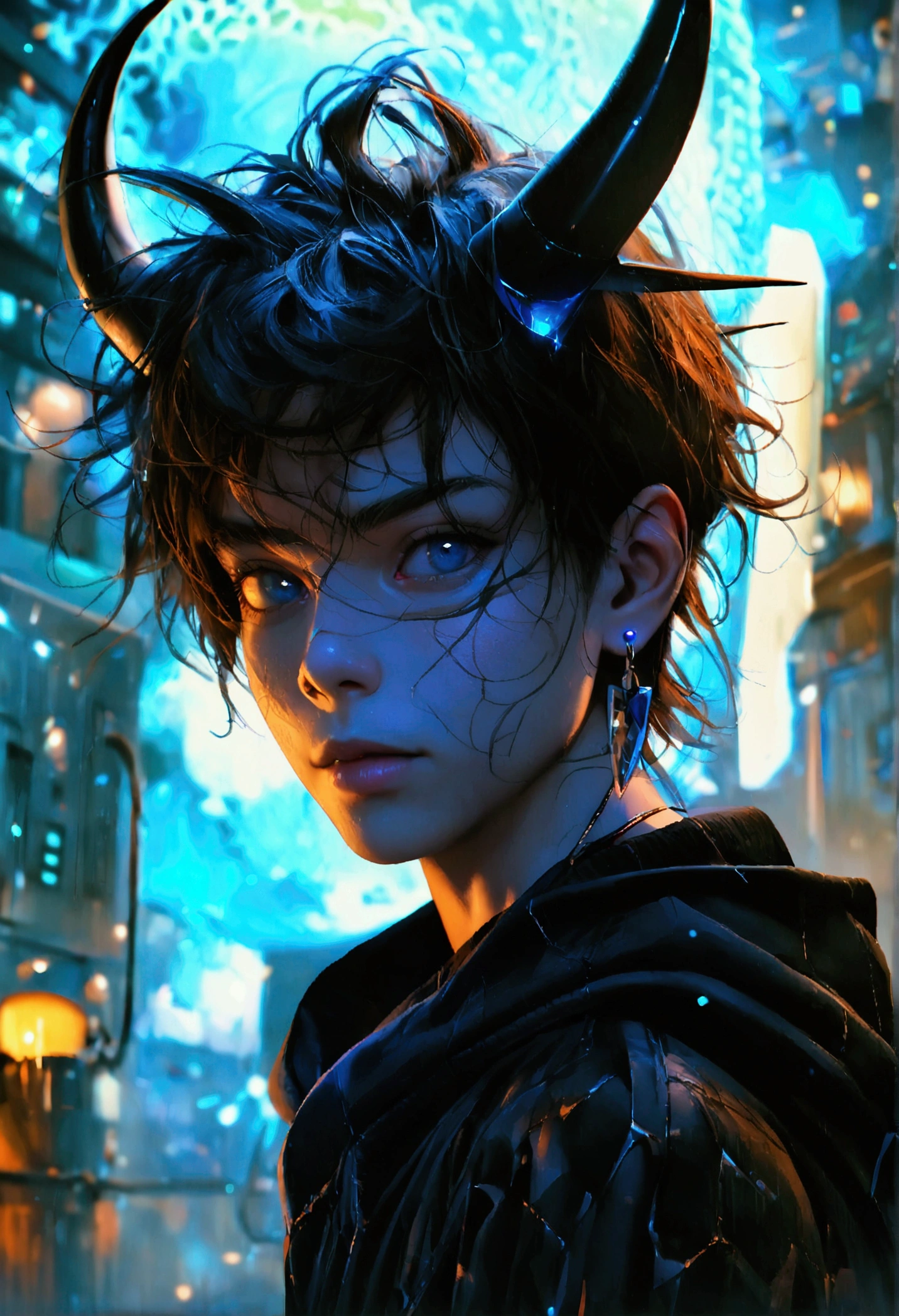 masterpiece, highest quality, highest resolution, clear_image, photo realistic, detailed details, (1 boy, scruffy black hair, bangs, Blue eyes, moon, dark night, long earrings, black hoodie, blue demon horns, blue great sword at the back, sky blue scarf , sky blue futuristic halo, futuristic dragon wings) beautiful, upper body, no water marks, laboratory, no extra limps, no extra body
