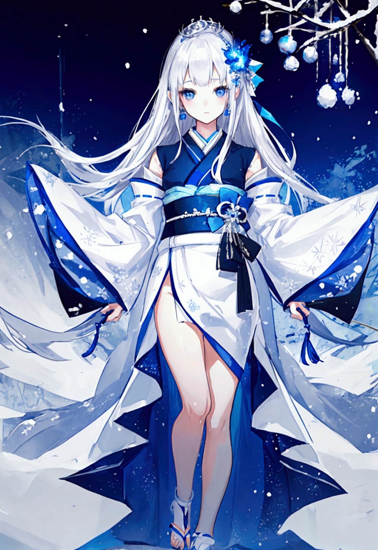 Cute snow woman girl, 16 years old, Silver hair side tail, His shoulders are bare., black eye, White and blue kimono, Thin legs, Princess Yukiko