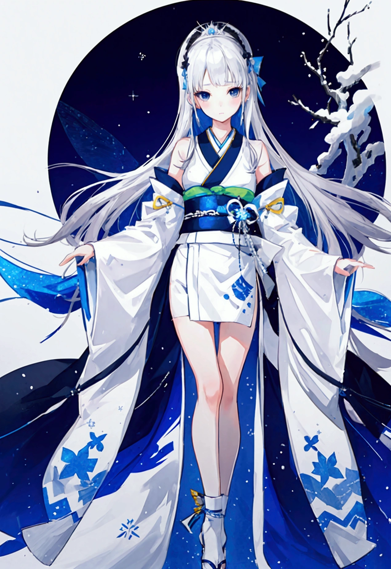 Cute snow woman girl, , Silver hair side tail, His shoulders are bare., black eye, White and blue kimono, Thin legs, Princess Yukiko