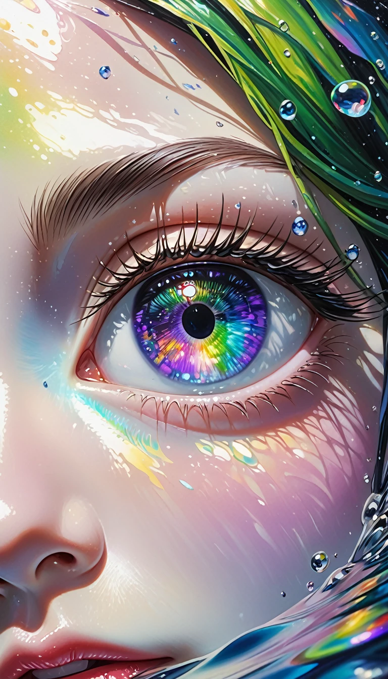 Girl swimming underwater,Ultra-detailed rendering style,Shine,,green,Brush,Surreal oil painting,Shine目,Head close-up,Exaggerated perspective,Tyndall effect,Water Drop,Mother of pearl rainbow color,holographic white,Black background,Purple Eyes,There are stars in your eyes