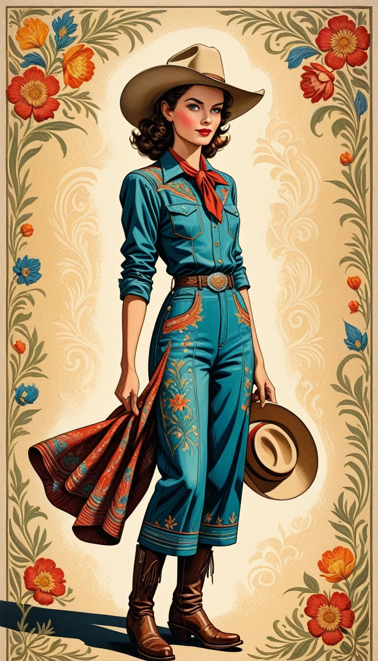 lino cut of Isabelle Menin style detailed and intricate illustration painting of retro 1940s cowboy full body,colorful, textured, patterned, fine art print,