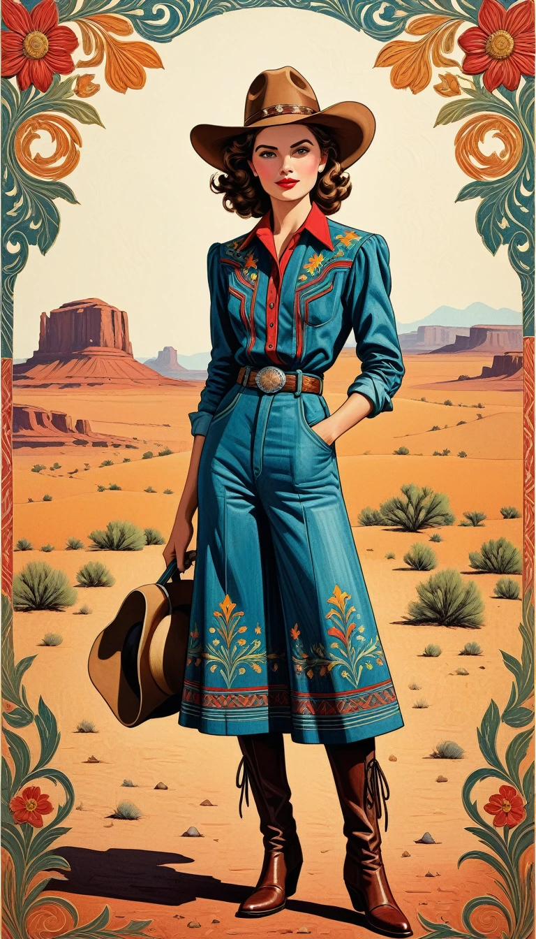 lino cut of Isabelle Menin style detailed and intricate illustration painting of retro 1940s cowboy full body,colorful, textured, patterned, fine art print,