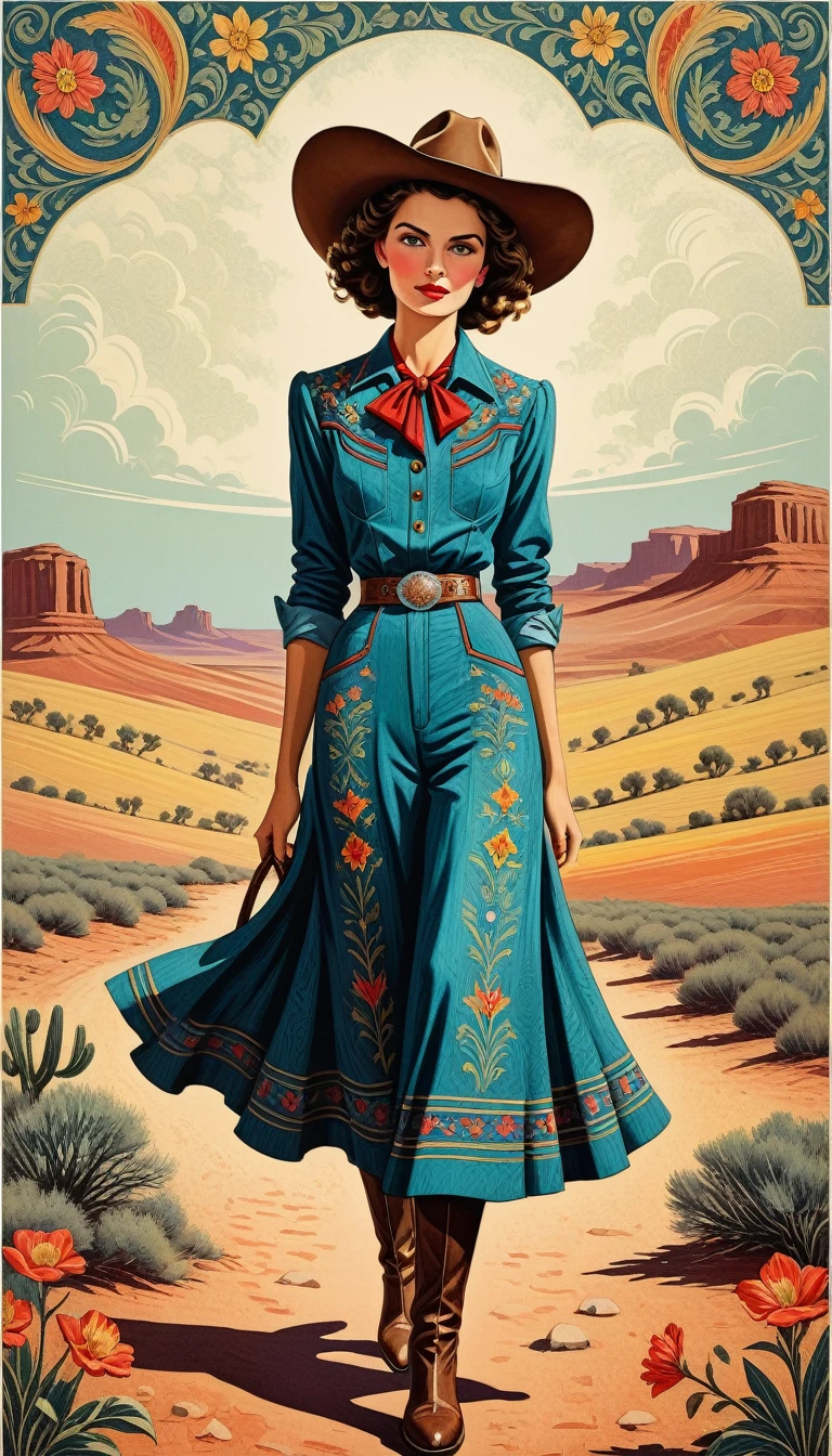 lino cut of Isabelle Menin style detailed and intricate illustration painting of retro 1940s cowboy full body,colorful, textured, patterned, fine art print,