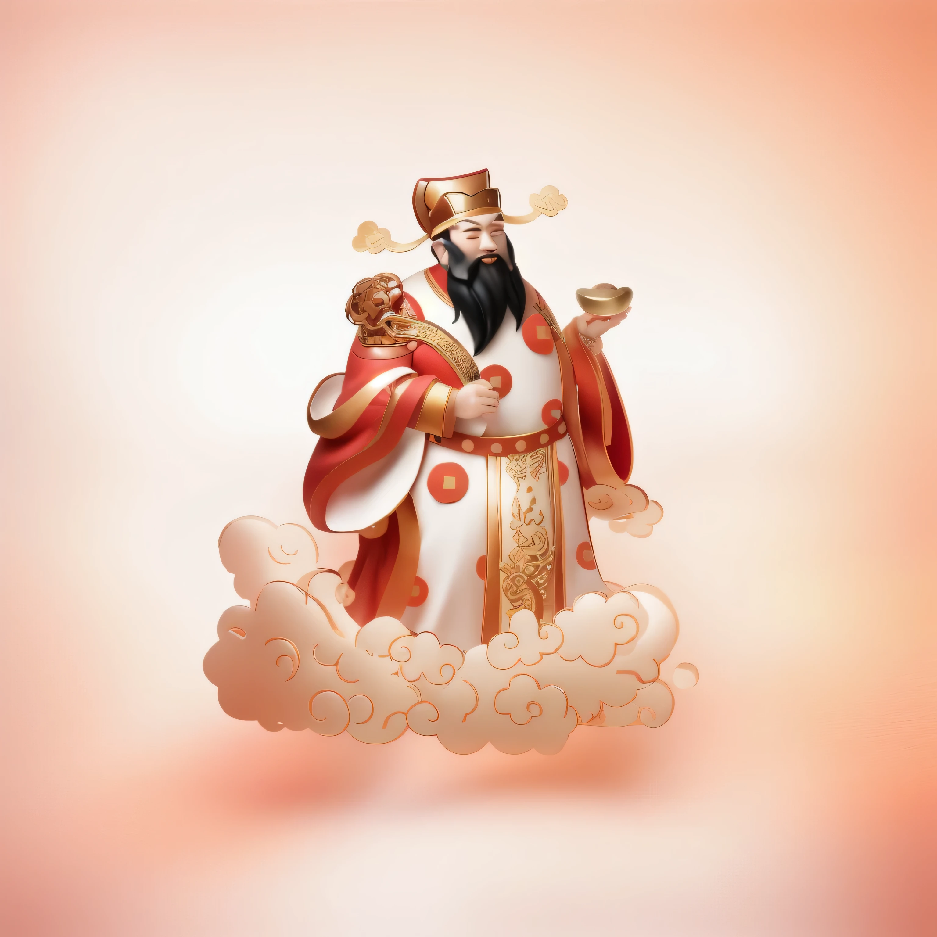 There is a 3D Chinese God of Wealth, God of Wealth, Red costume,Asian cheek skin color,Black beard,Holding a gold ingot in his hand,3D auspicious clouds,Chinese Mythology, , Chinese Art Style, Pure white background,Chinese style,3d,C4D ,Ultra HD,HD,detail