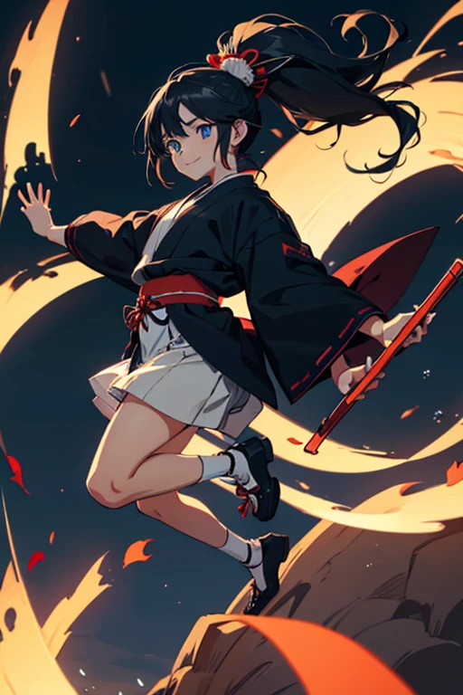sight, Very long hair, Anatomically correct, ponytail, anime, 8-year-old, boy, High resolution, fall, jumping,  Black Hair, Simple Background, smile, blue eyes, Shrine maiden, 