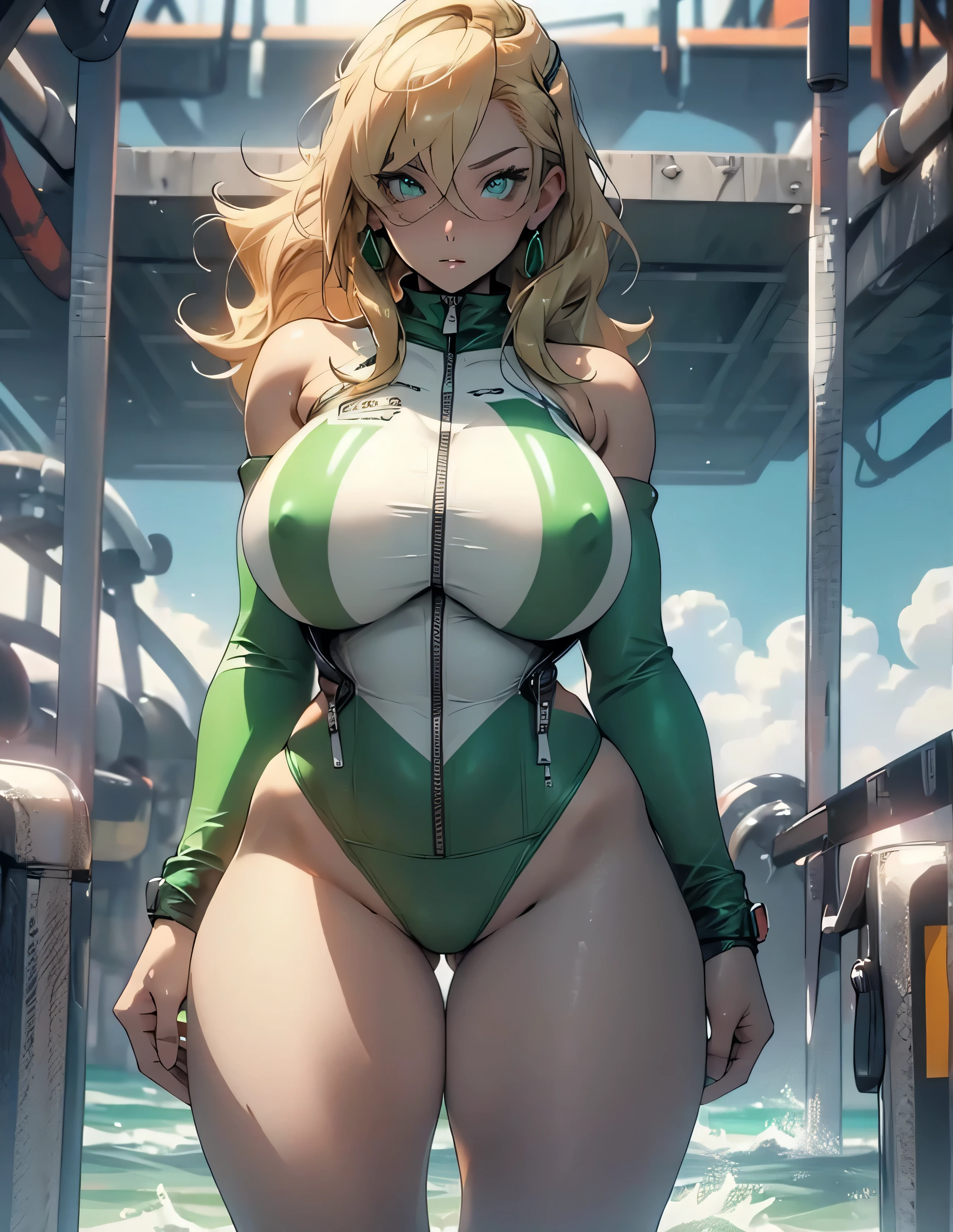 19 years old, large , triple D cup breasts buttocks, bubbcks, wide hips, bs, fit and strong, slender b, blonde hair, emerald green eyes, sexy, seductive, wearing a bathinuit with zipper down