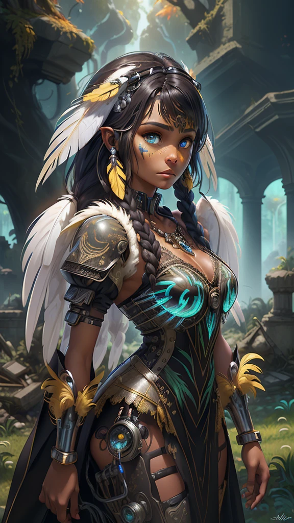 (The best quality,A high resolution,Ultra - detailed,actual),Ariana Grande is an American native Indian cyborg , feathers on the head ,(native American:1.4), (dark ebony skin:1.4) ,(yellow dress+white native American cyborg mechanical :1.4), feather,hair ornaments,Jewelry,necklace,tribal,Head ornament,bracelet,face paint,Braiding,bracelet, Wow_Fast_No_freezing_style, One girl in full growth,(Background Grasslands and bushes :1.4), (Dungeon ruins background in ruins jungle meadow :1.4 ), epic fantasy art style hd, 4K fantasy art, epic fantasy digital art style, epic fantasy art style, Fantasy Woman, epic fantasy art portrait, Epic fantasy style, hyperrealistic fantasy art, hd fantasy art, epic fantasy character art, epic fantasy art, in style of dark fantasy art, epic fantasy digital art, (cowboy pose), (perfect anatomy :1.4),( background forest big trees meadow :1.4),( lace style lingerie white :1.4), (face detailed America native :1.4), (native American :V2.1),( cowboy pose), (background big trees autumn :1.4), (dark ebony skin:1.4), (beautiful eyes detailed :1.4), (Has large white eagle feathers transparent Cyborg costume :1.4), ( plumas realistic Cyborg mecánica plastic transparent :1.4)