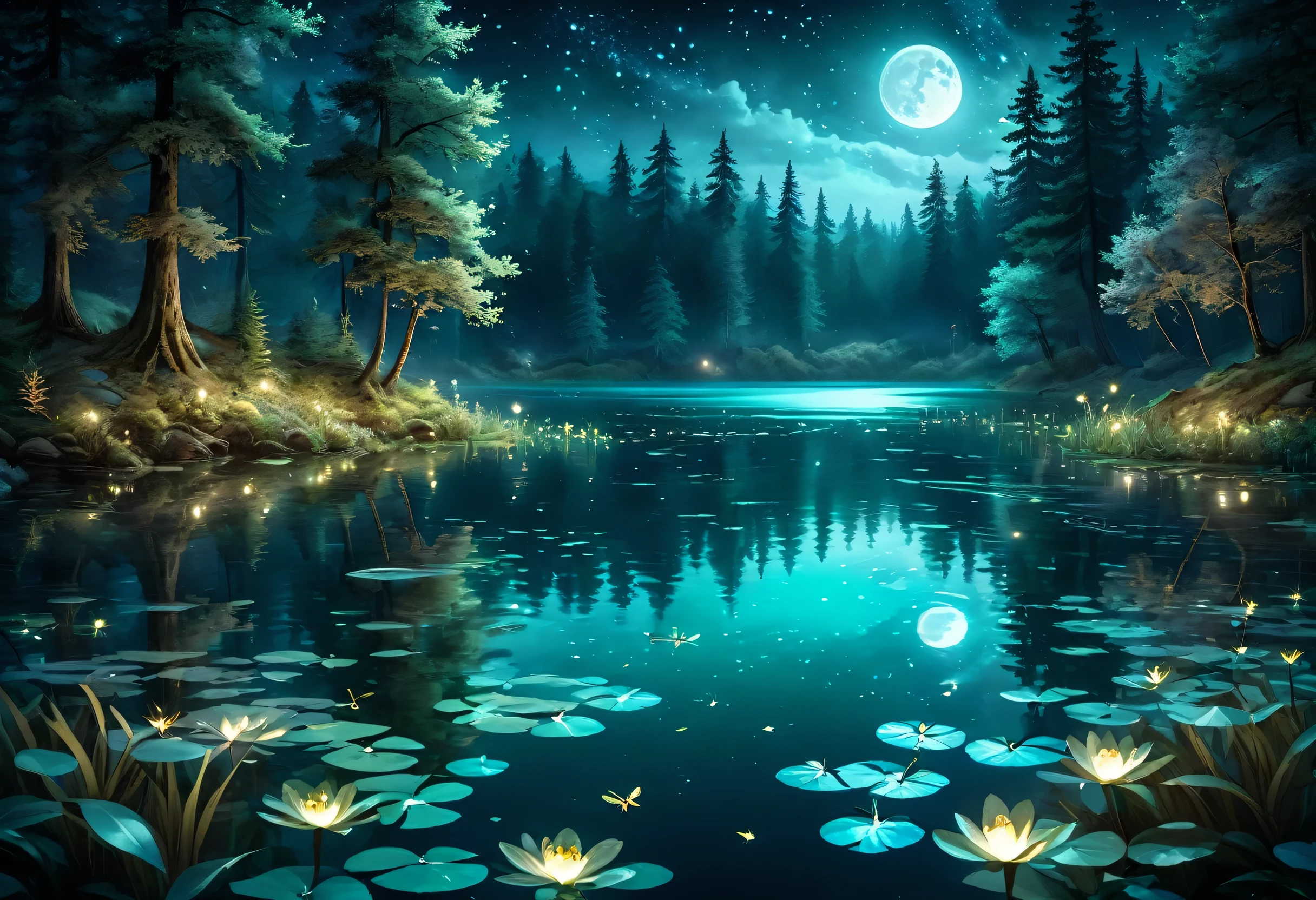 Evening Pond:1.5, ((Full shot:1.4)), ((beautiful lake at night in absolute darkness:1.5)), ((fireflies flying around illuminating the lake:1.5)), ((ultra detailed:1.5)), in the water reflects the lights of the fireflies:1.2, idyllic, dreamy, fantasy:1.3)), dark environment soft moonlight reflecting in the water, ultra-realistic 8k, portrait, highly detailed 32k digital art, beautiful work digital art, ((bluish, cyan, brown colors: 1.2)), realistic digital art in 8k, soft lighting, (( Highly detailed: 1.4), (( masterpiece )), ( Hyper detailed and beautiful: 1.3), (Photorealistic: 1.4)