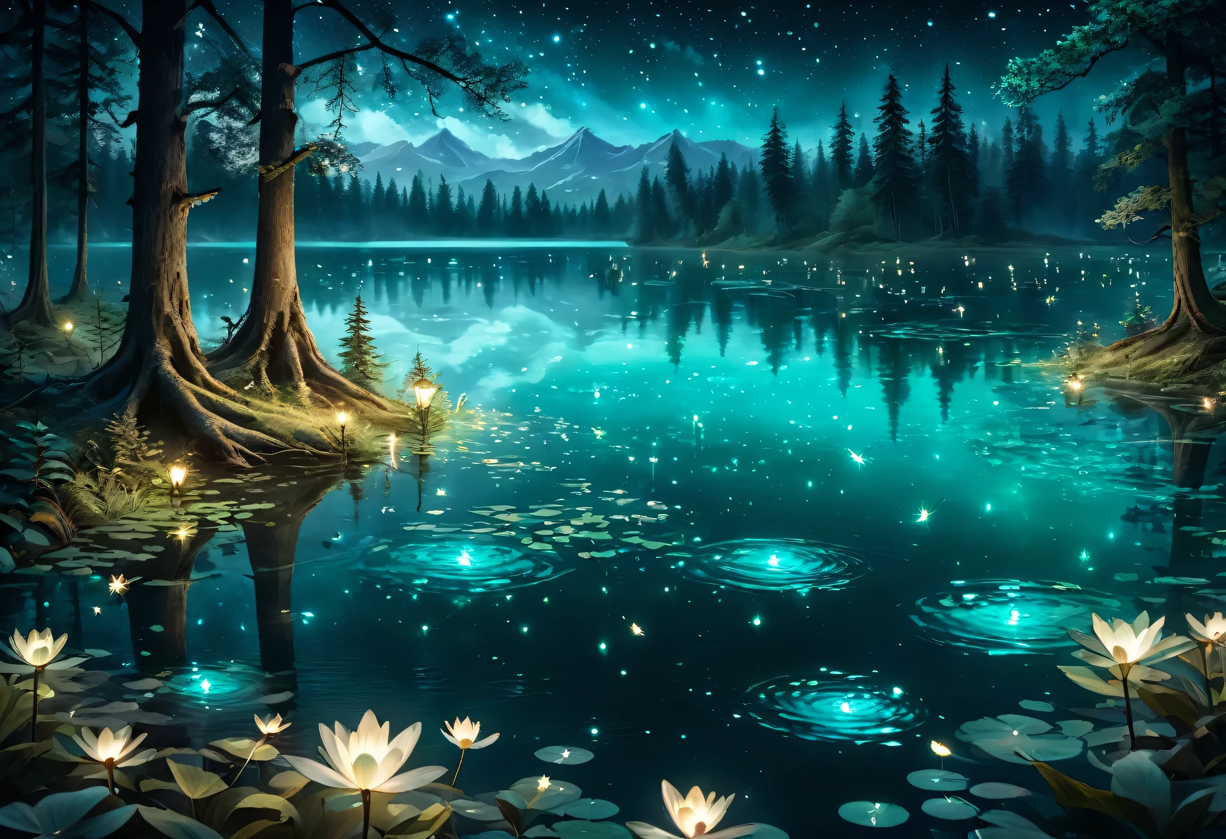 Evening Pond:1.5, ((Full shot:1.4)), ((beautiful lake at night in absolute darkness:1.5)), ((fireflies flying around illuminating the lake:1.5)), ((ultra detailed:1.5)), in the water reflects the lights of the fireflies:1.2, idyllic, dreamy, fantasy:1.3)), dark environment soft moonlight reflecting in the water, ultra-realistic 8k, portrait, highly detailed 32k digital art, beautiful work digital art, ((bluish, cyan, brown colors: 1.2)), realistic digital art in 8k, soft lighting, (( Highly detailed: 1.4), (( masterpiece )), ( Hyper detailed and beautiful: 1.3), (Photorealistic: 1.4)