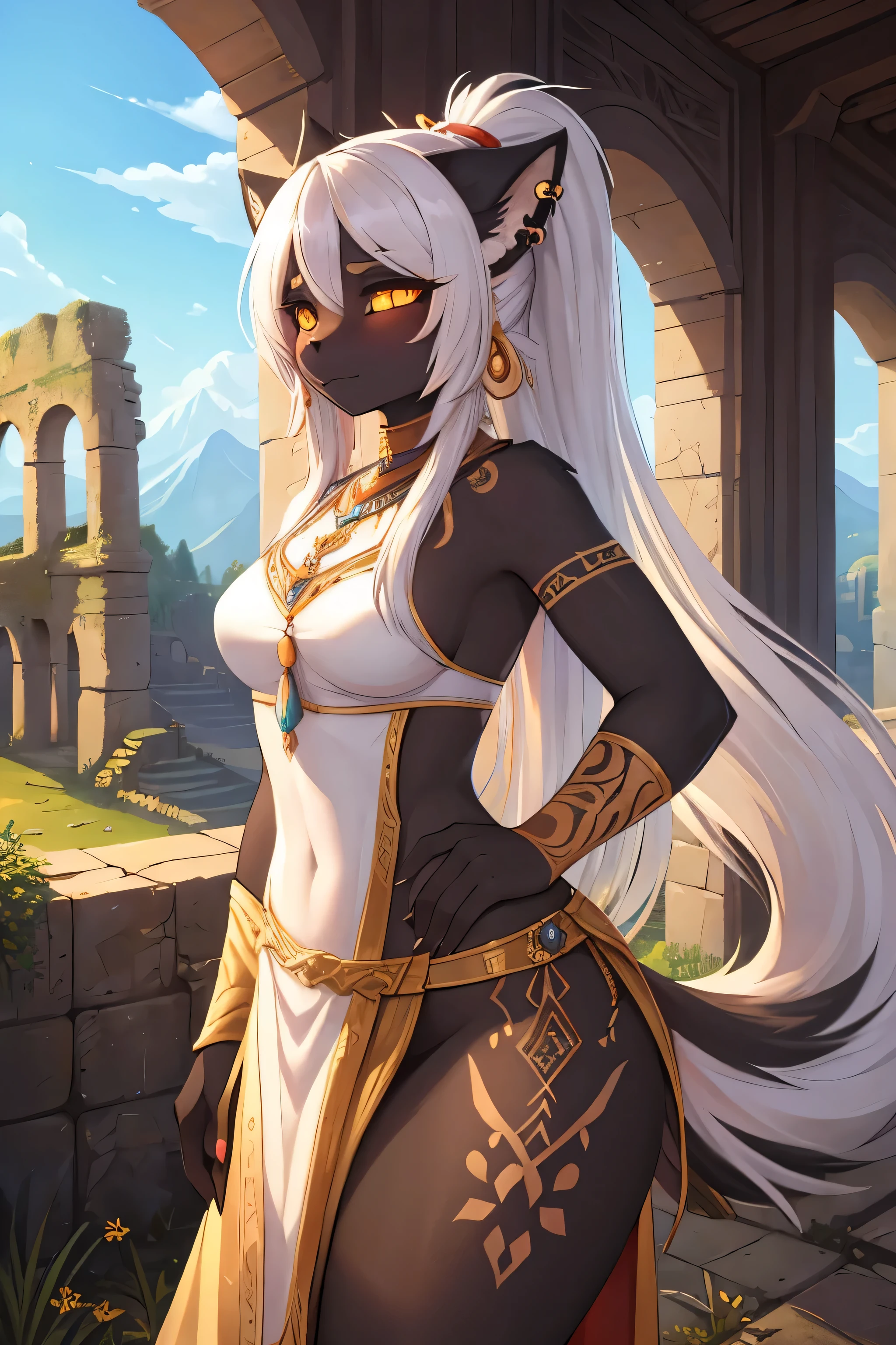 ((best quality, masterpiece, perfect anatomy, detailed picture)), furry, 1female, Fatima Eaglefeather, (Sdorica), pantherine, two tone fur, black body, grey fur, sexy, long white hair, ponytail hair, fluffy feline tail, yellow sclera, tribal tattoo, ear rings, red blushing, shy, in the ruins, portrait, illustration
