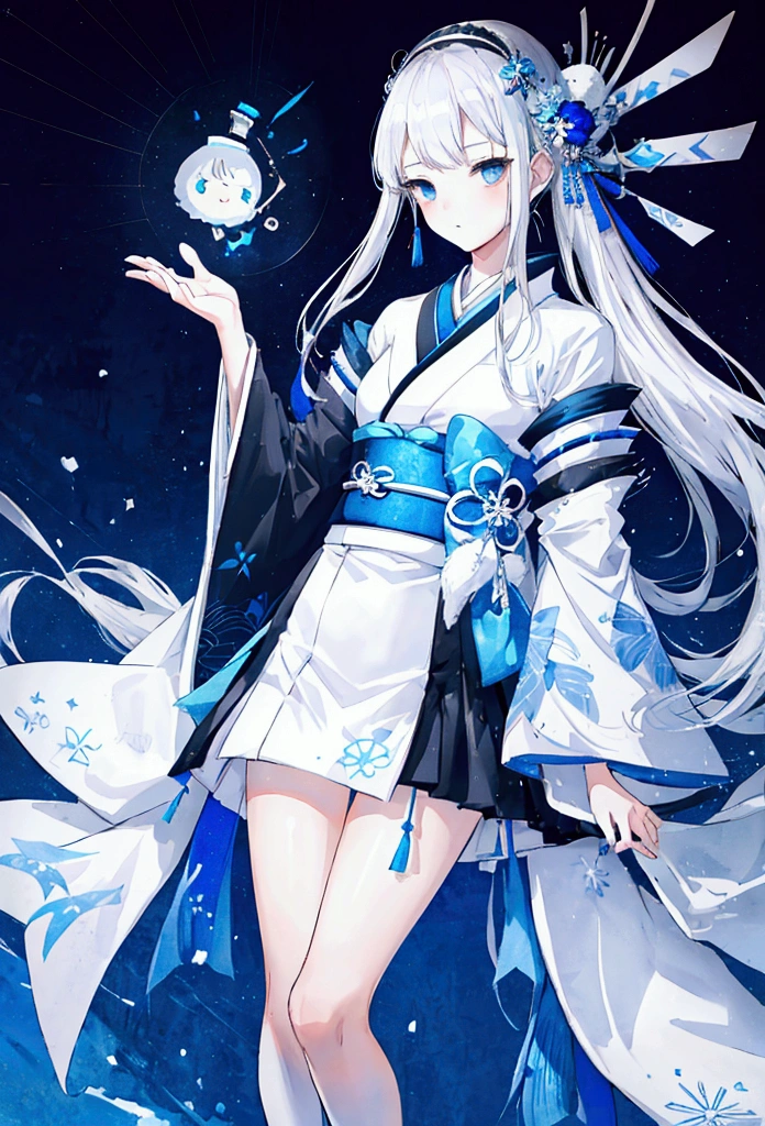 Cute snow woman girl, , Silver hair side tail, His shoulders are bare., black eye, White and blue kimono, Thin legs, Princess Yukiko