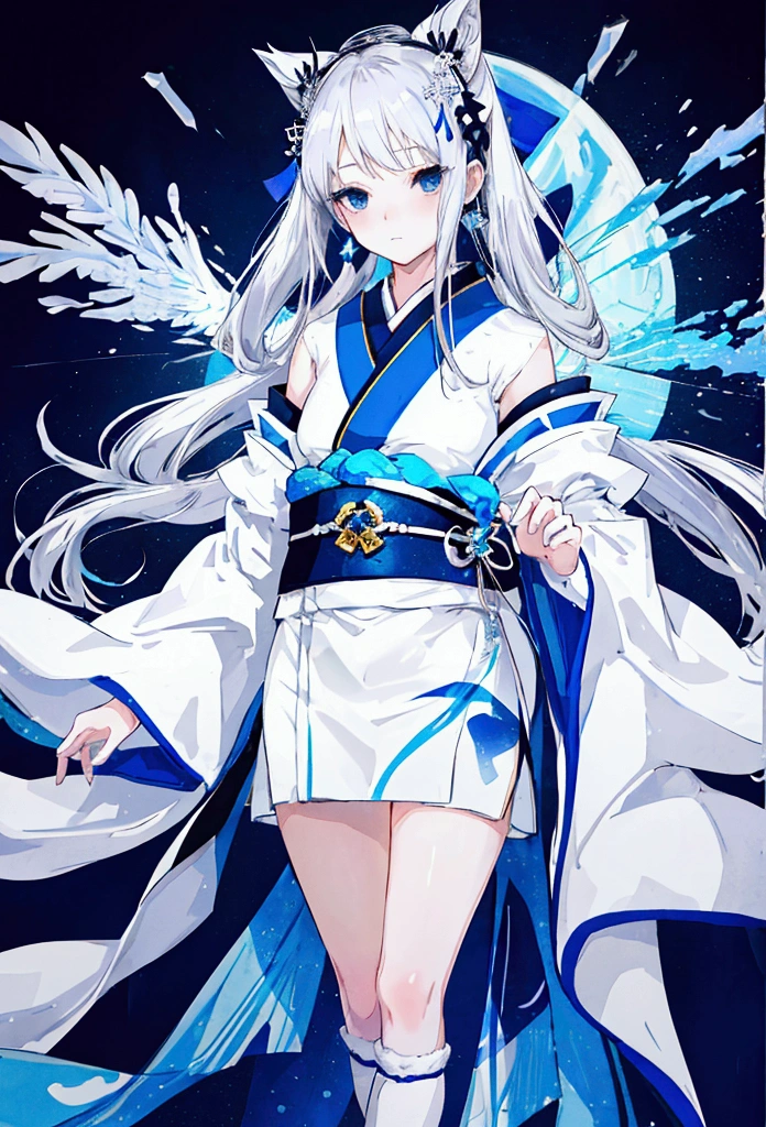 Cute snow woman girl, , Silver hair side tail, His shoulders are bare., black eye, White and blue kimono, Thin legs, Princess Yukiko