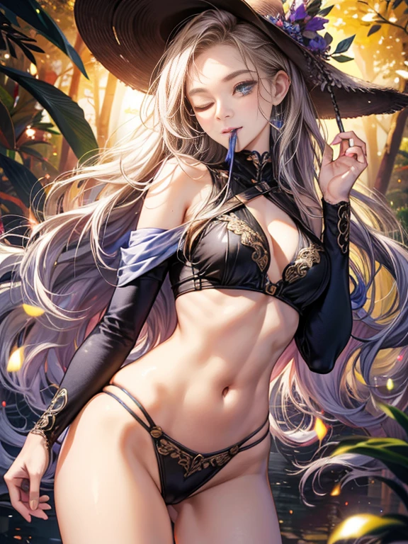 ((Beautiful, detailed eyes half closed:1.8)), (Detailed legs standing apart:1.75), (Hands raised revealing detailed armpits), (Detailed mouth wide open:1.65), Beautiful young woman, beige and peach print bikini, in mangrove forest, perfect body, glistening sweat, looking straight into camera, head on shot, (cowboy shot:1.3), Anatomically accurate body structure:1.0, Realistic,Photorealistic:1.37, (Best quality,4k,8k,high resolution,masterpiece:1.2), Ultra detailed,Hdr,uhd, studio lighting, highly detailed, bright colors, bokeh, eroticism